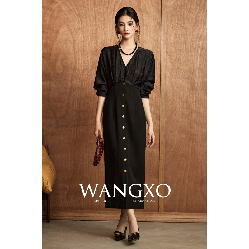 WANGXO 缎面提花复古牛仔拼接连衣裙 240550S