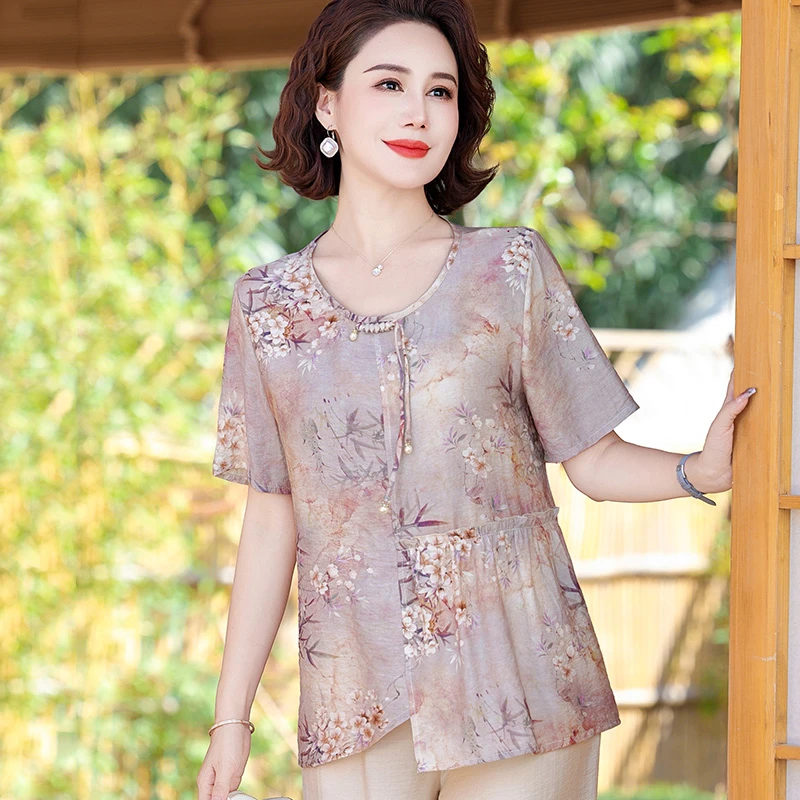 【清仓】妈妈装短袖T恤女上衣夏装新中式中老年休闲宽松洋气小衫夏