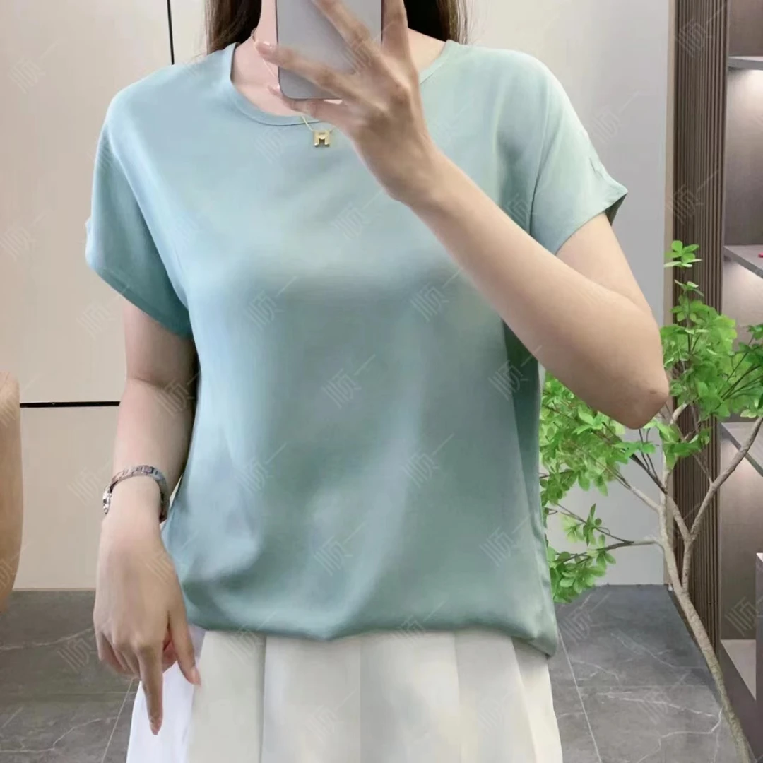 【圆领】绵绸夏季宽松斜纹人造棉纯色上衣显瘦人棉小飞袖短袖T恤衫