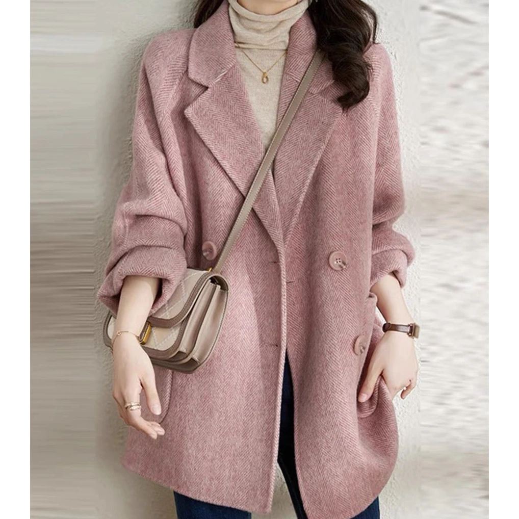 2024新款秋冬季粉色毛呢大衣女小个子中长韩版呢外套气质休闲
