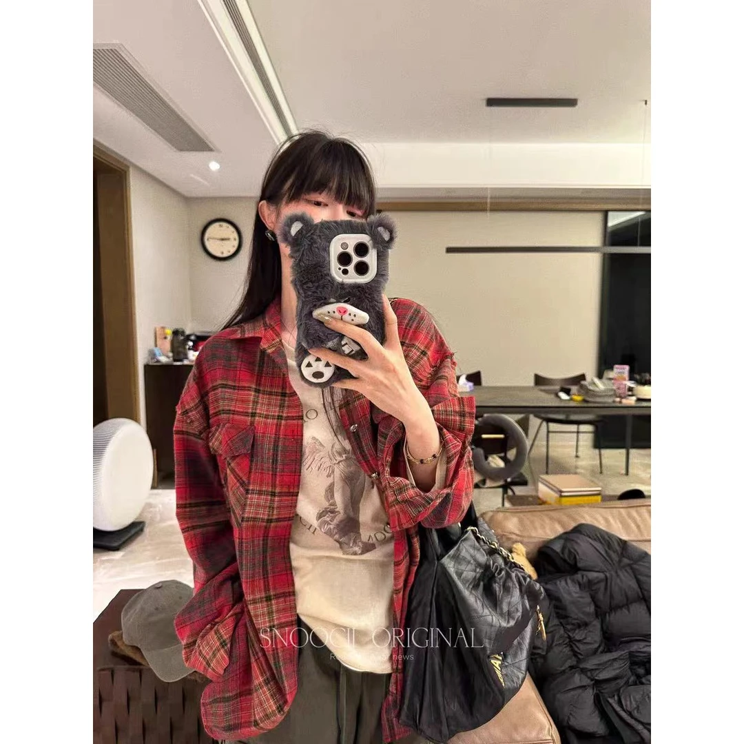 钱美西 复古撞色红格子休闲长袖衬衫 慵懒风百搭宽松防晒上衣女