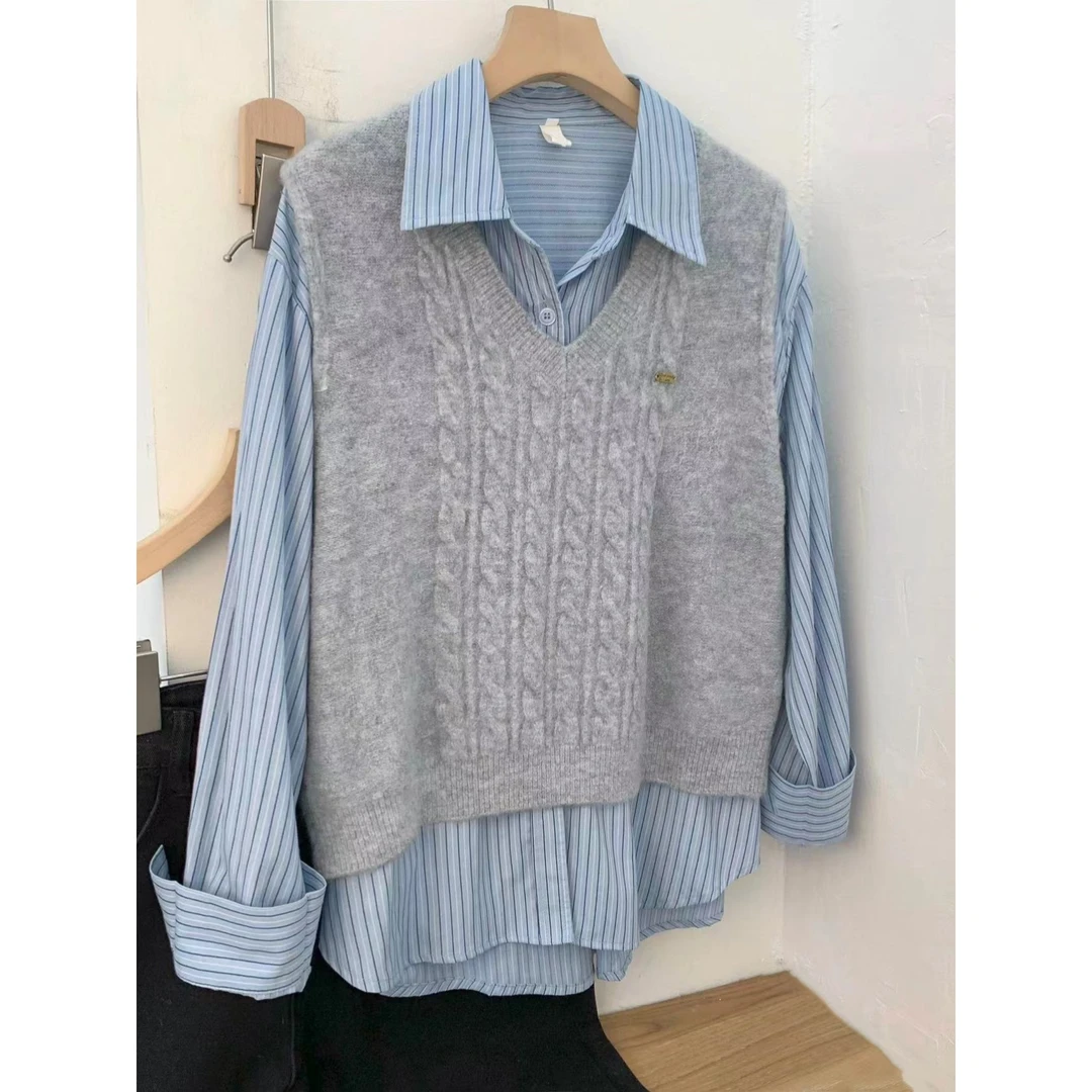 学院风灰色时尚洋气针织马甲女春秋季小个子衬衫叠穿毛衣2024新款