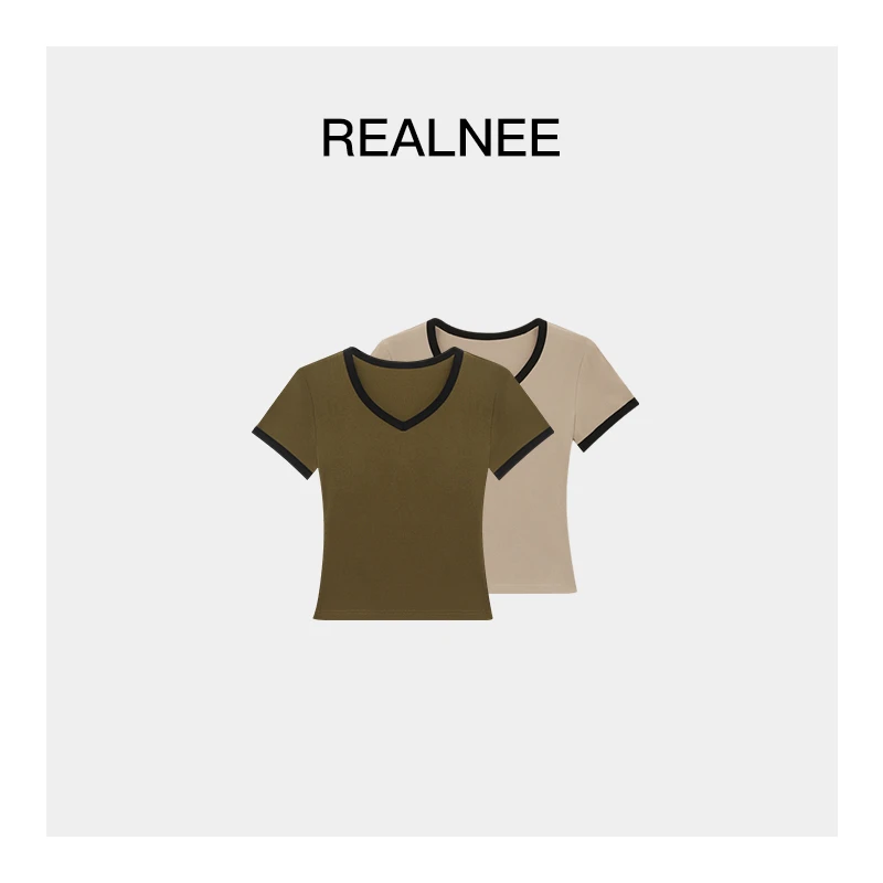 REALNEE【初见琉璃】cour*长绒棉撞色V领上衣显瘦舒适极简主义03575