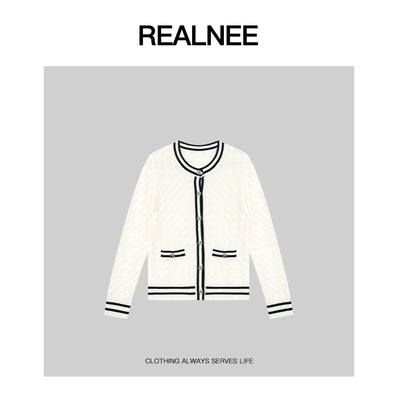 REALNEEI【小香绘本】眻毛极简麻花肌理撞色随性毛衣开衫外套03772