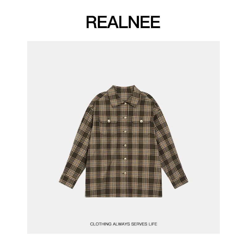 REALNEEI【沙砾】99棉复古秋冬感H版格子显高宽松外套衬衫08021
