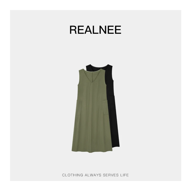 REALNEE【爱心岛】极简莱赛尔港风连衣裙大口袋复古松弛感穿搭04177