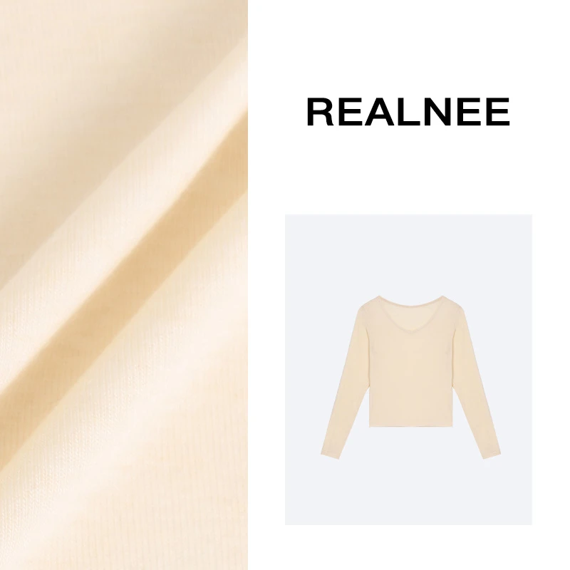 REALNEE【梵云】莱赛尔眻毛极简V领T恤云柔感慵懒穿搭12215
