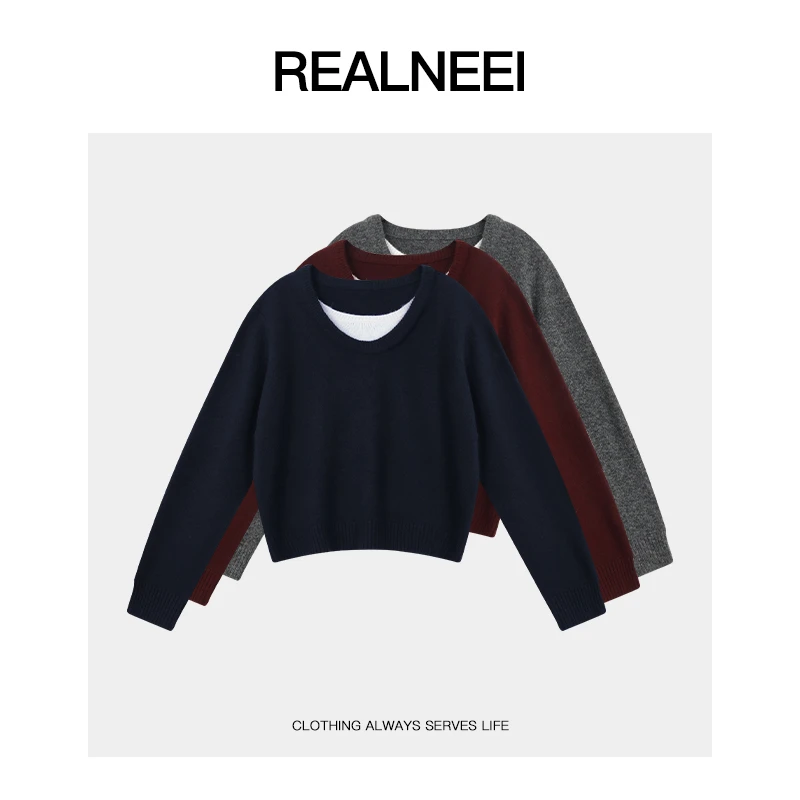 REALNEEI【月牙湾】眻毛极简松弛软糯圆领套头假两件毛衣41185