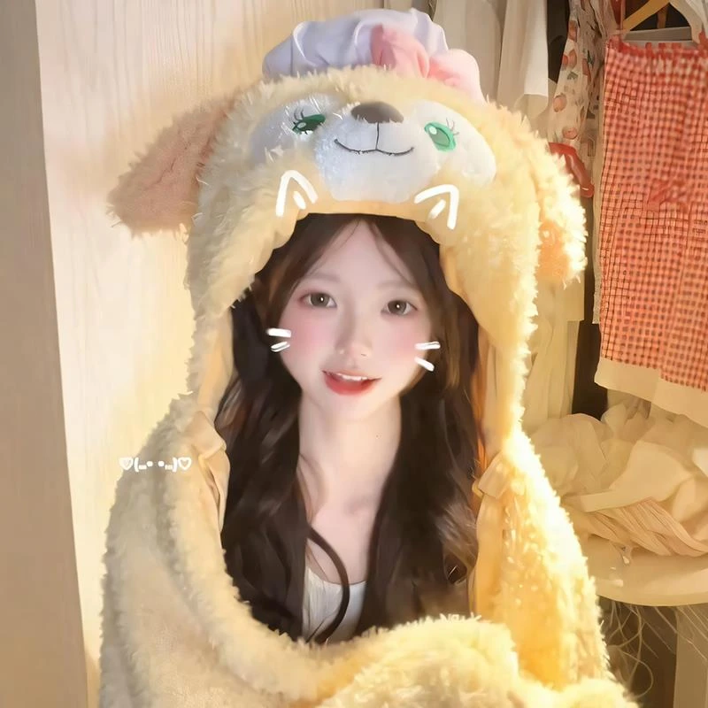 饼饼毛毯披肩卡通厨师狗连帽毯子耳朵会动学生可爱午睡盖毯