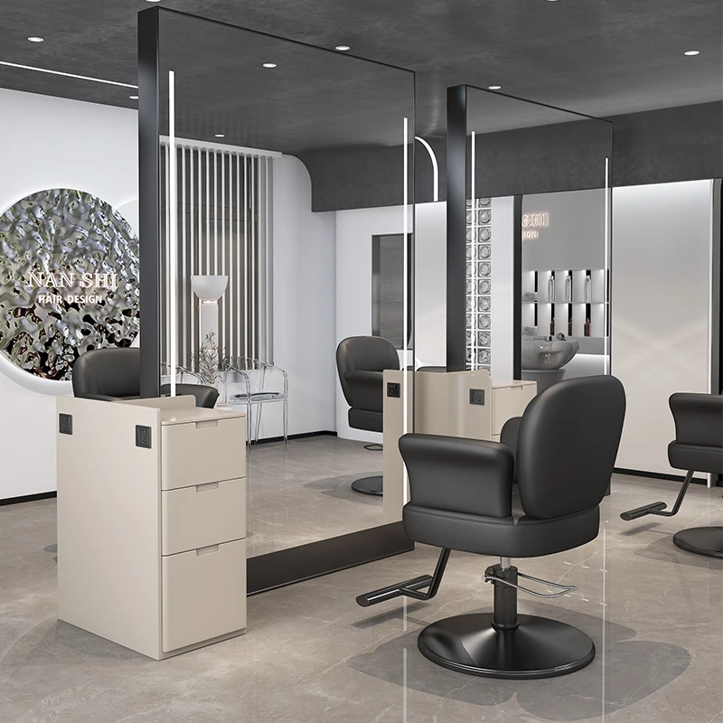 新款网红理发店镜台单双面美发镜子发廊专用带灯柜子一体落地圆镜