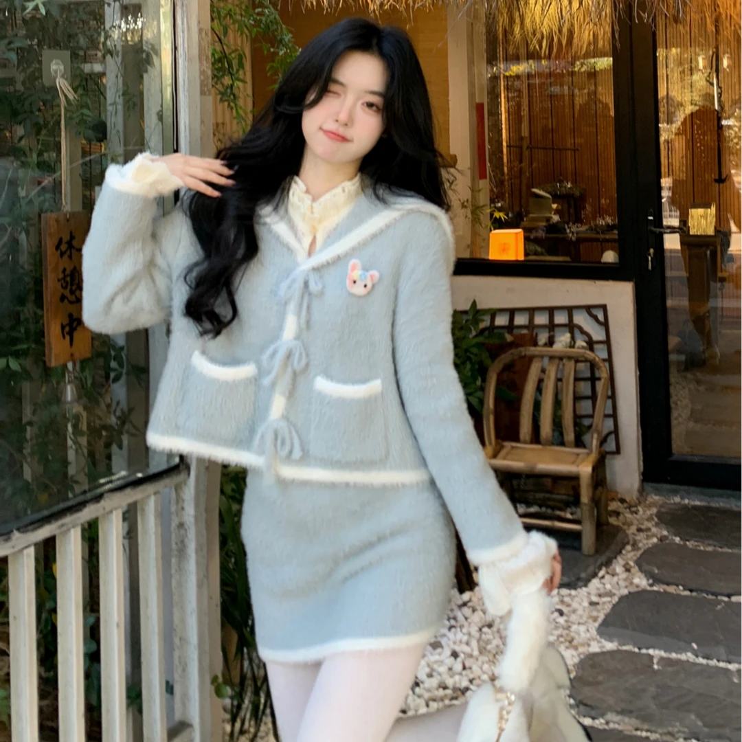Blovelan冰萃蓝莓 气质甜美海军领水貂绒蓝白短外套+半裙套秋季