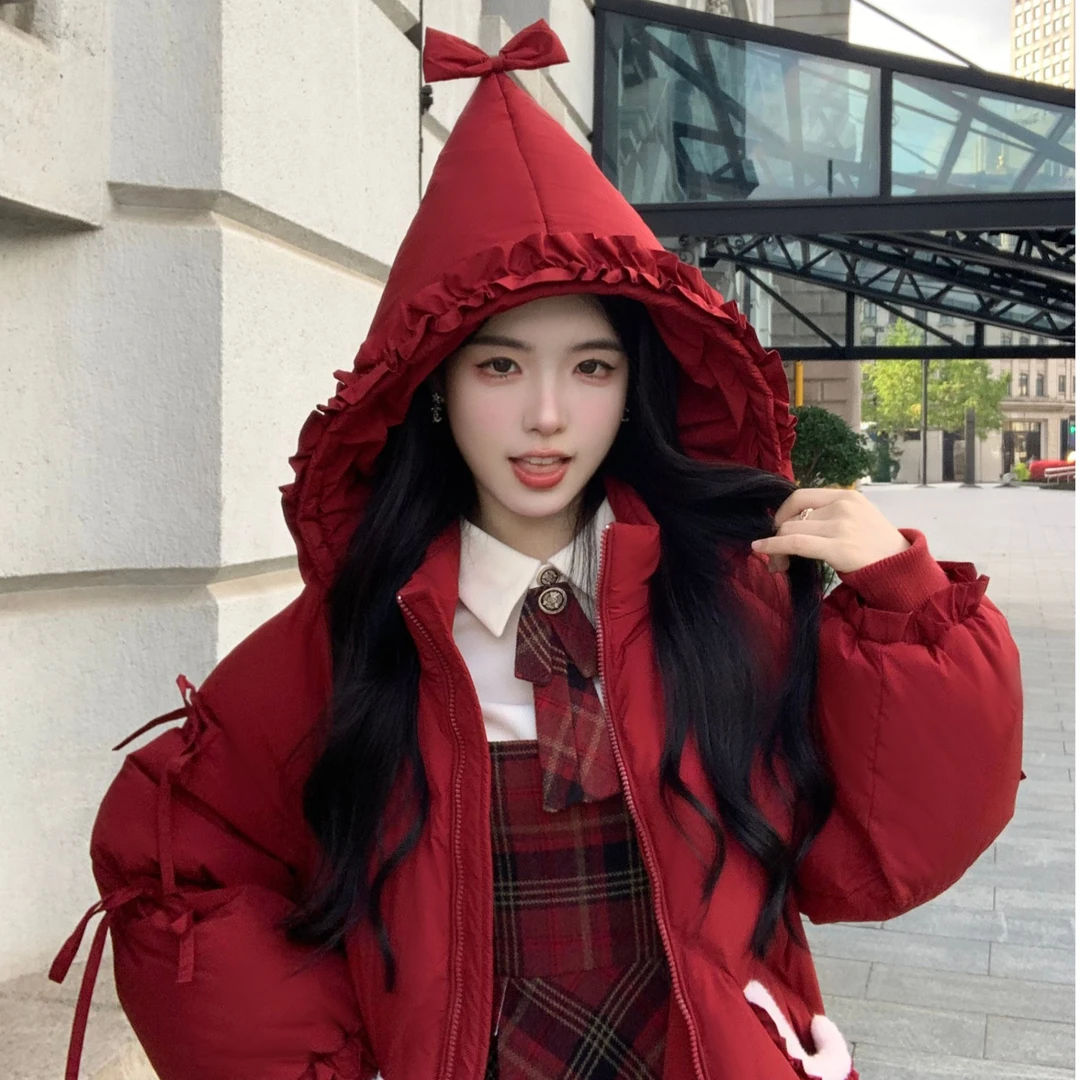 Blovelan序冬漫雪 可爱绒球魔法帽90白鸭绒红色保暖羽绒服