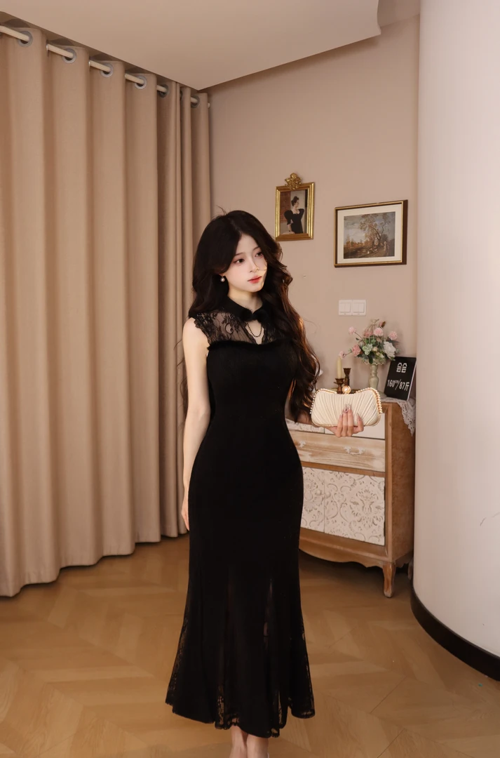 Blovelan聆晚雾 复古名媛风蕾丝拼接无袖修身鱼尾包臀连衣裙