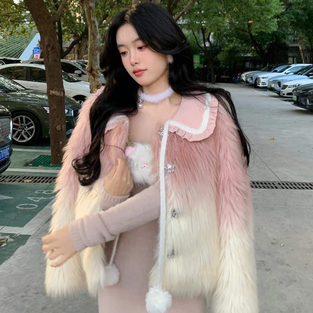 Blovelan晨雾云粉 粉色渐变可爱娃娃领系带毛球大衣外套