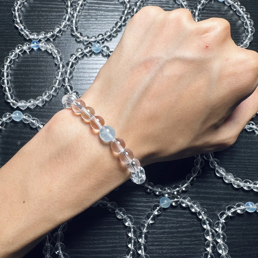 天然海蓝之心手串 白水晶+海蓝宝diy 时尚大气百搭 流行款