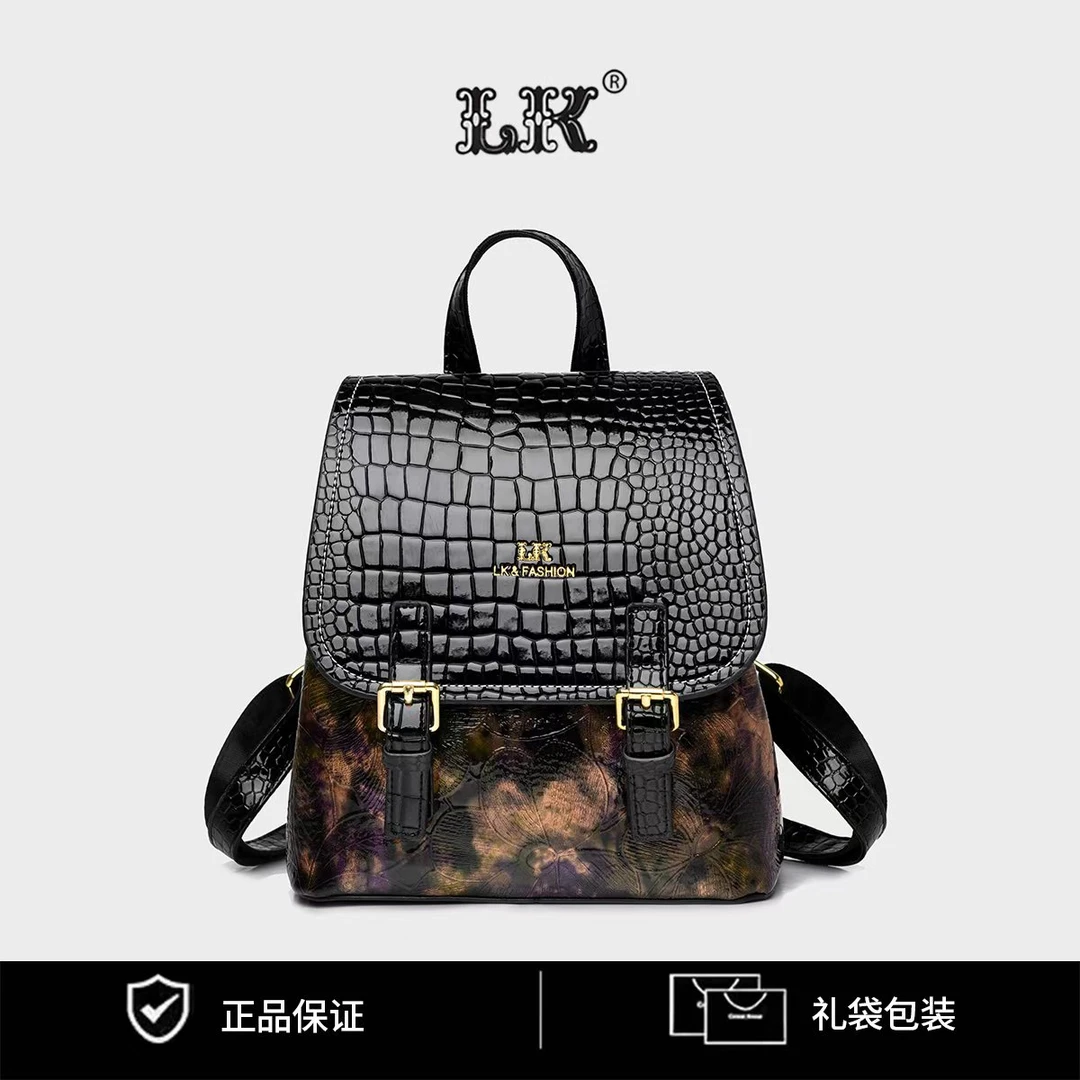 百搭休闲有质感小众彩绘手提包包背包女士双肩包157黑色