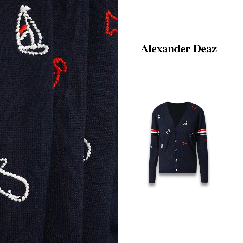 （灰）2025 新款秋季上新设计感刺绣海洋之心腊狗长袖针织开衫A8017