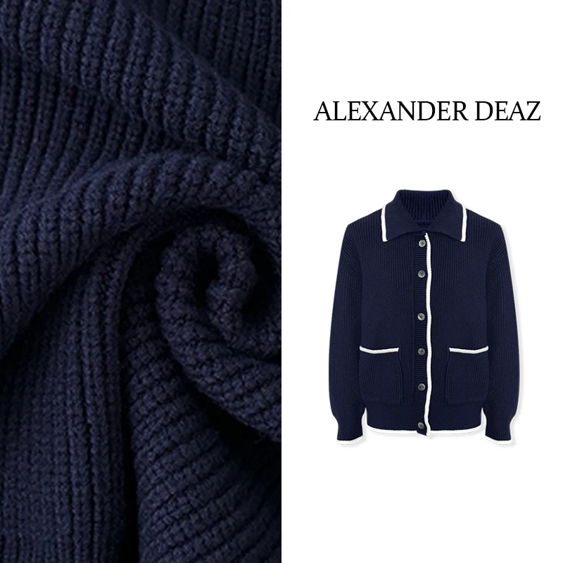 2025 新款撞色休闲时尚口袋翻领长袖针织衫A8006