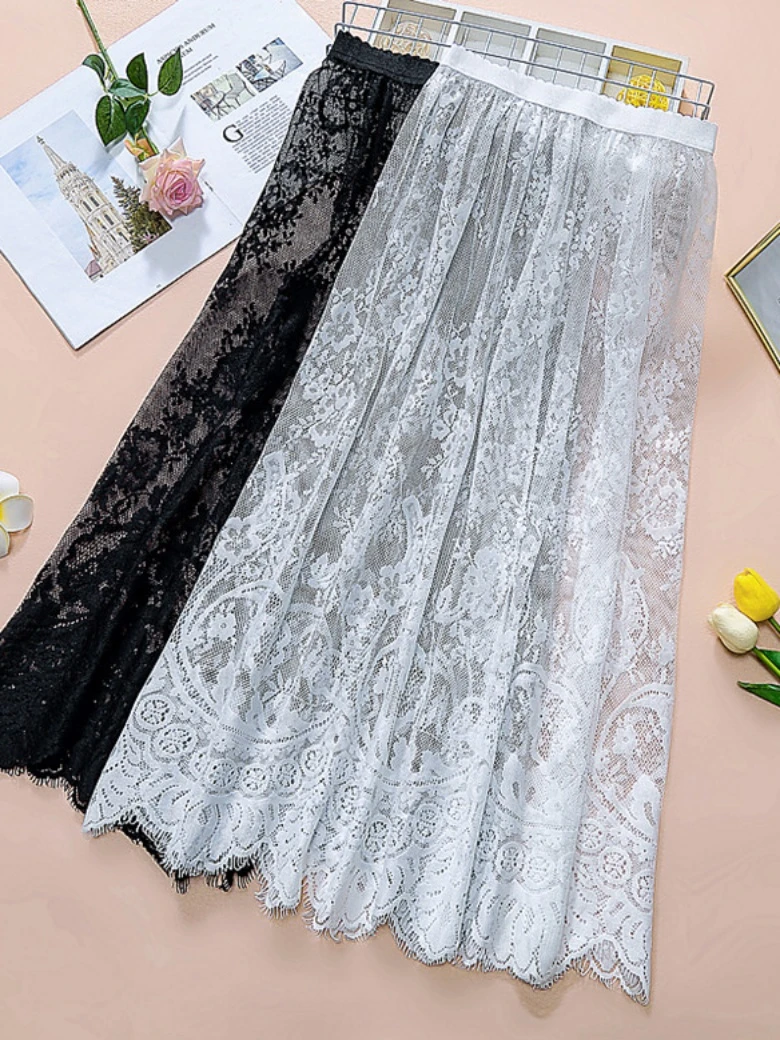 蕾丝半身裙女2024新款春夏季百搭显瘦高腰网纱中长款打底裙子