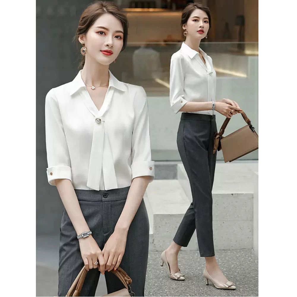 职业装衬衫女夏季2025新款面试正装女士雪纺上衣中袖白色衬衣套装