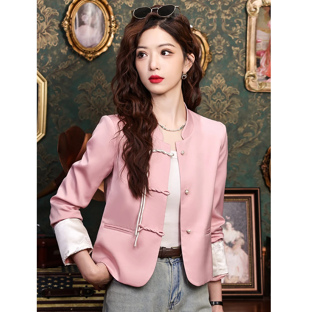 新中式国风西装外套女小个子上衣2025新款春秋休闲短款粉色小西服