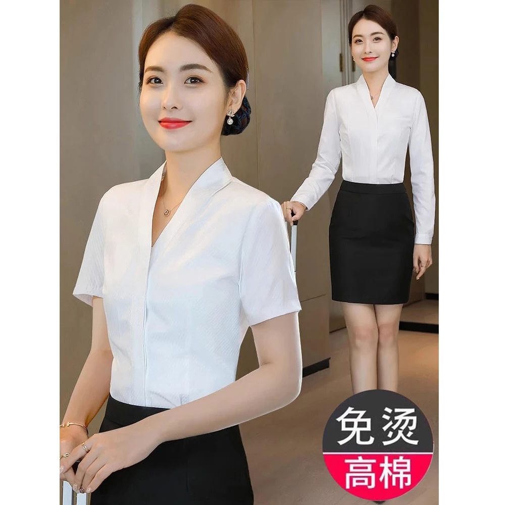 白色短袖v领衬衫女职业夏季气质南航空姐空乘面试套装酒店工作服