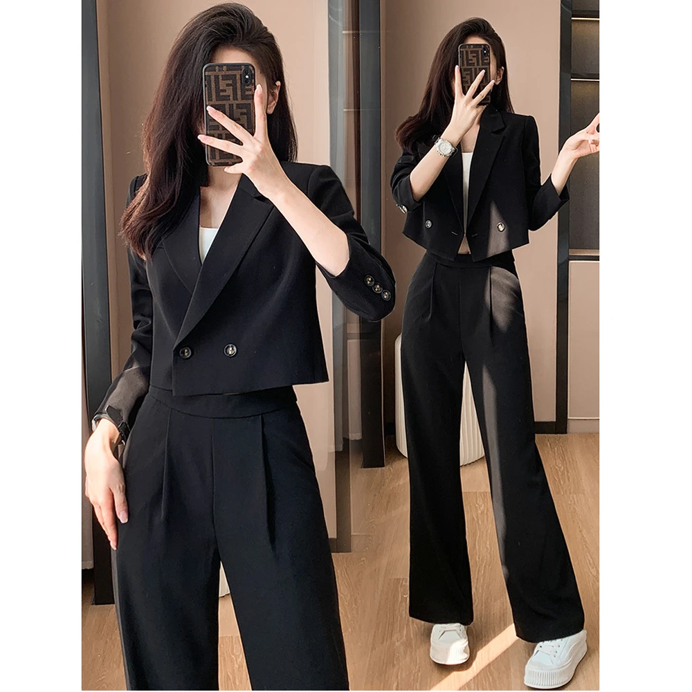 小个子黑色西服套装女春秋新款气质女神范职业休闲短款小西装裤子