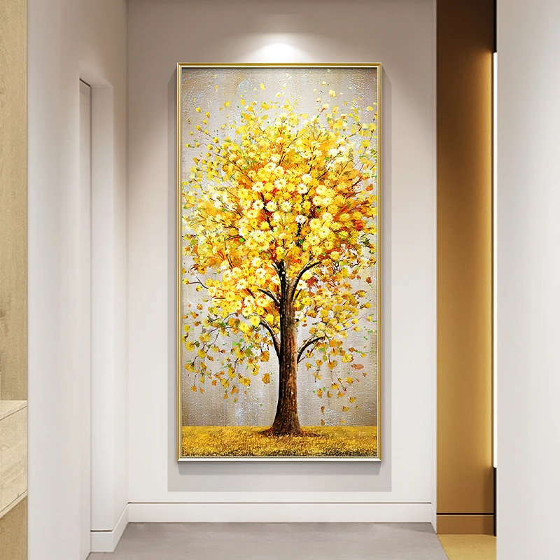 玄关手绘油画发财树挂画立体厚油手工肌理壁画走廊过道竖版装饰画