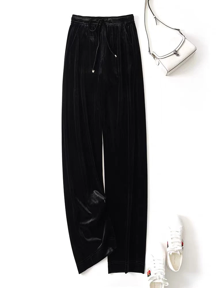 2024秋冬复古时尚宽松百搭高腰垂感黑色金丝绒休闲直筒裤1-012