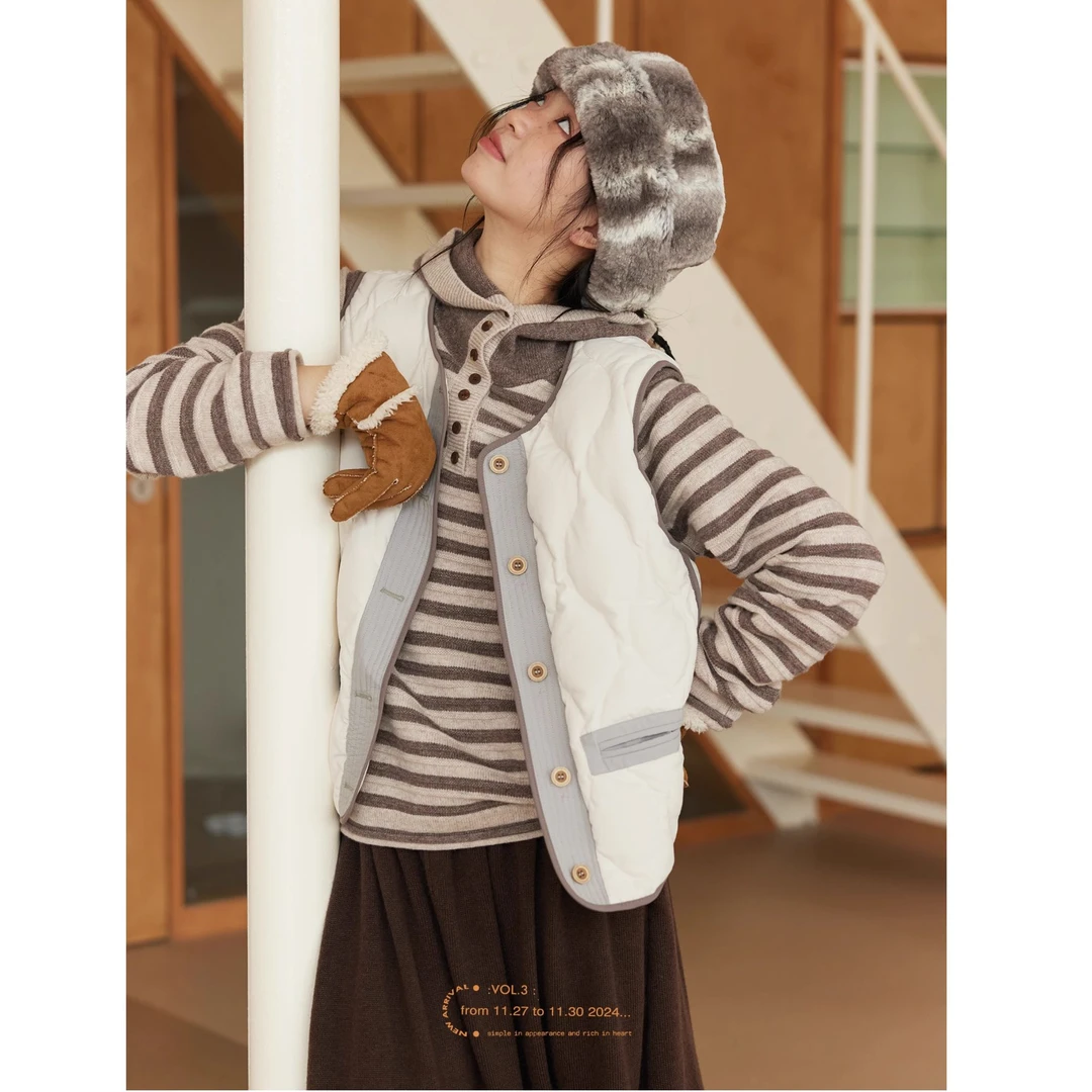 「白描工作间」"冬日雪恩岛"可再生面料撞色日系复古羽绒服马甲女