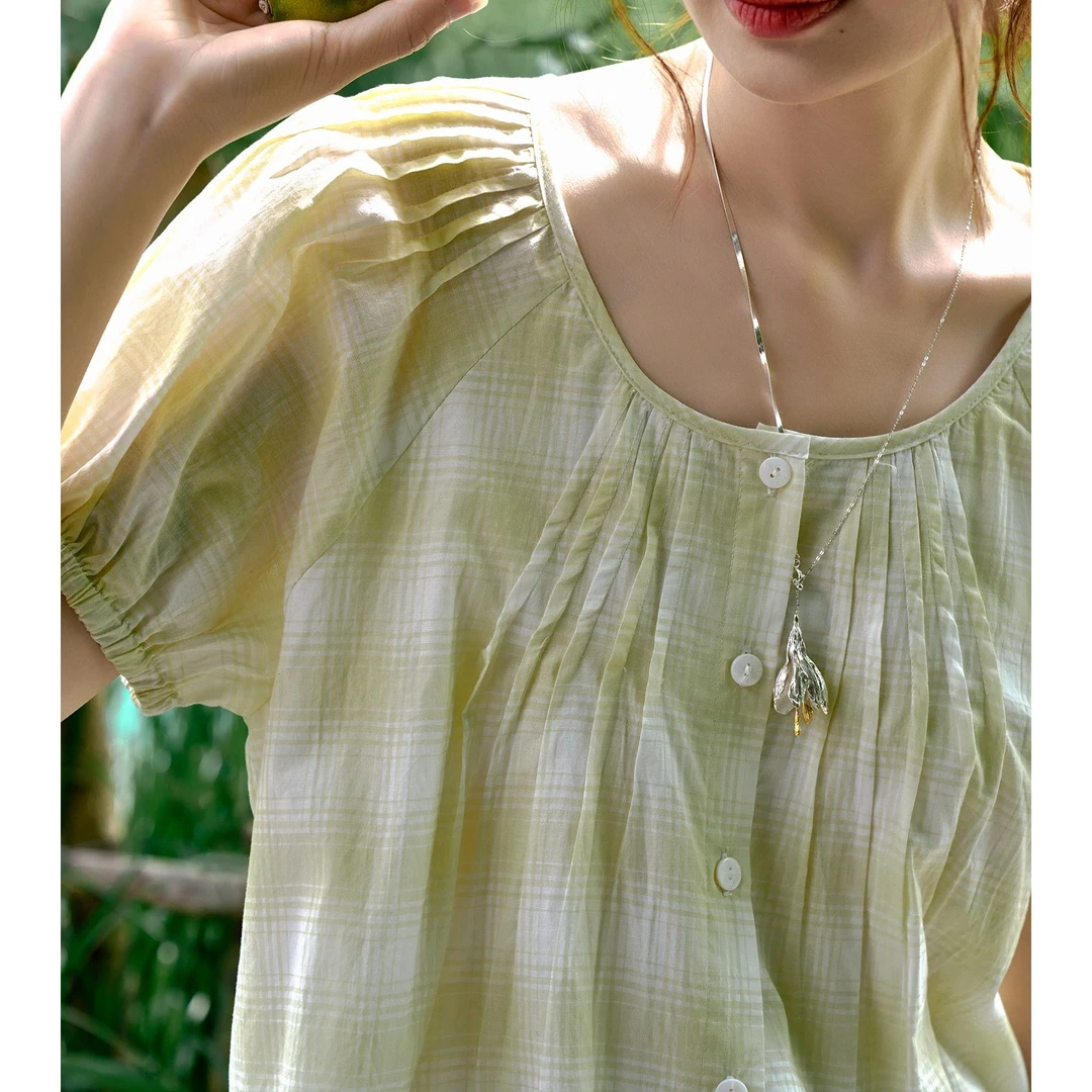 「白描工作间」"绀野夏日"定制色织黄白格子轻薄宽松泡泡袖衬衫女