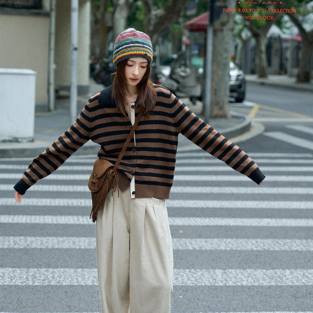 「白描工作间」"卡布托奇"upw100特细美丽奴羊毛复古条纹针织开衫