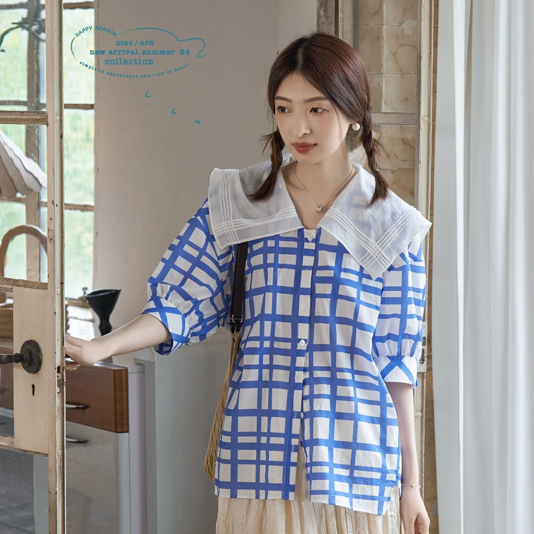 「白描工作间」"少女航海家"海军领重工刺绣白色衬衫泡泡袖衬衣女