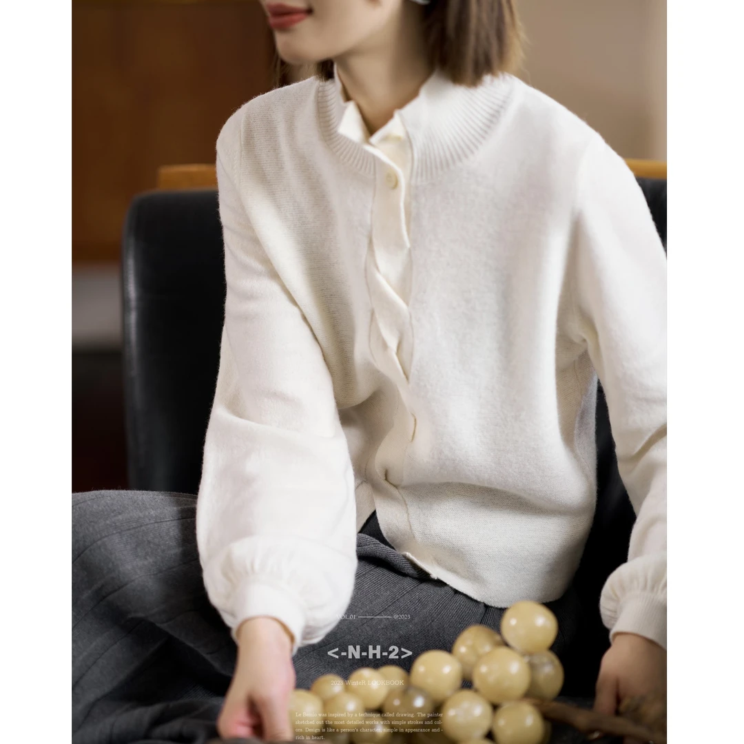 「白描工作间」“秋天的诗”美丽诺泡泡袖毛衣纯色上衣
