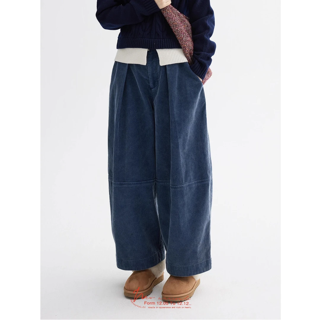 「白描工作间」Vintage水洗蓝灯芯绒萝卜型阔腿牛仔裤