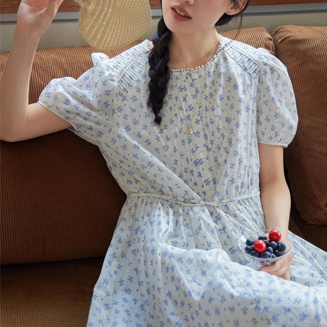 「白描工作间」"花朝梦夏"特定100支长绒棉法式花边收腰连衣裙