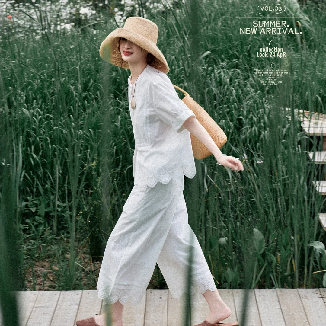 「白描工作间」"甜桃派"120支高密空气洗爱心绣花阔腿裤直筒裤