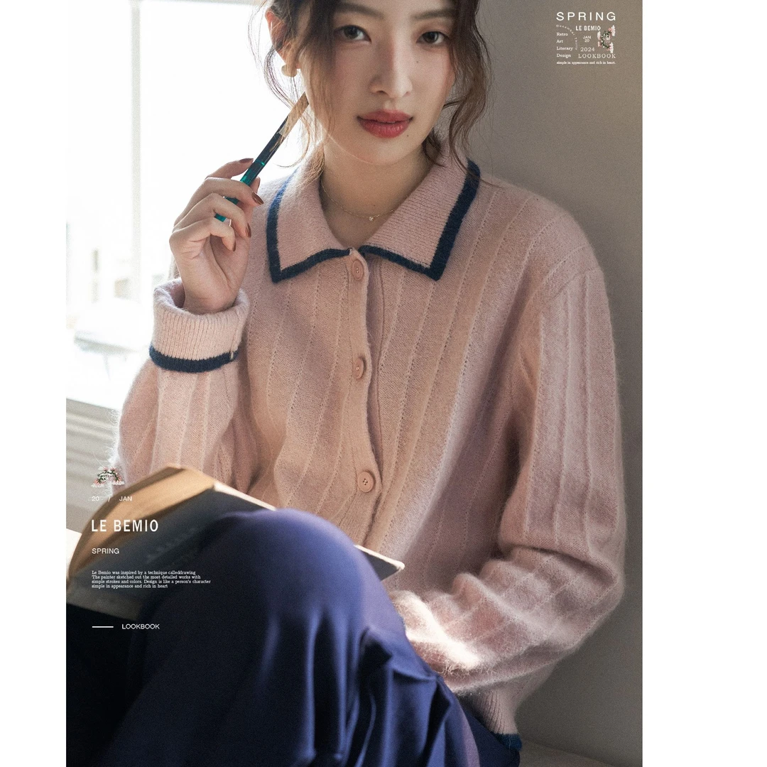 「白描工作间」“薄荷奶昔”早春新品斜门襟翻领针织开衫女