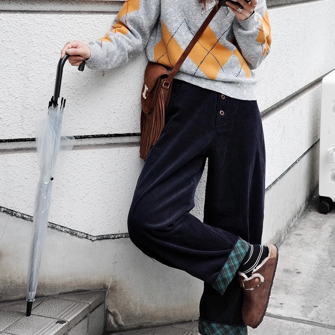 「白描工作间」"克莱顿书签"绿格纹翻边复古弯刀香蕉灯芯绒休闲裤