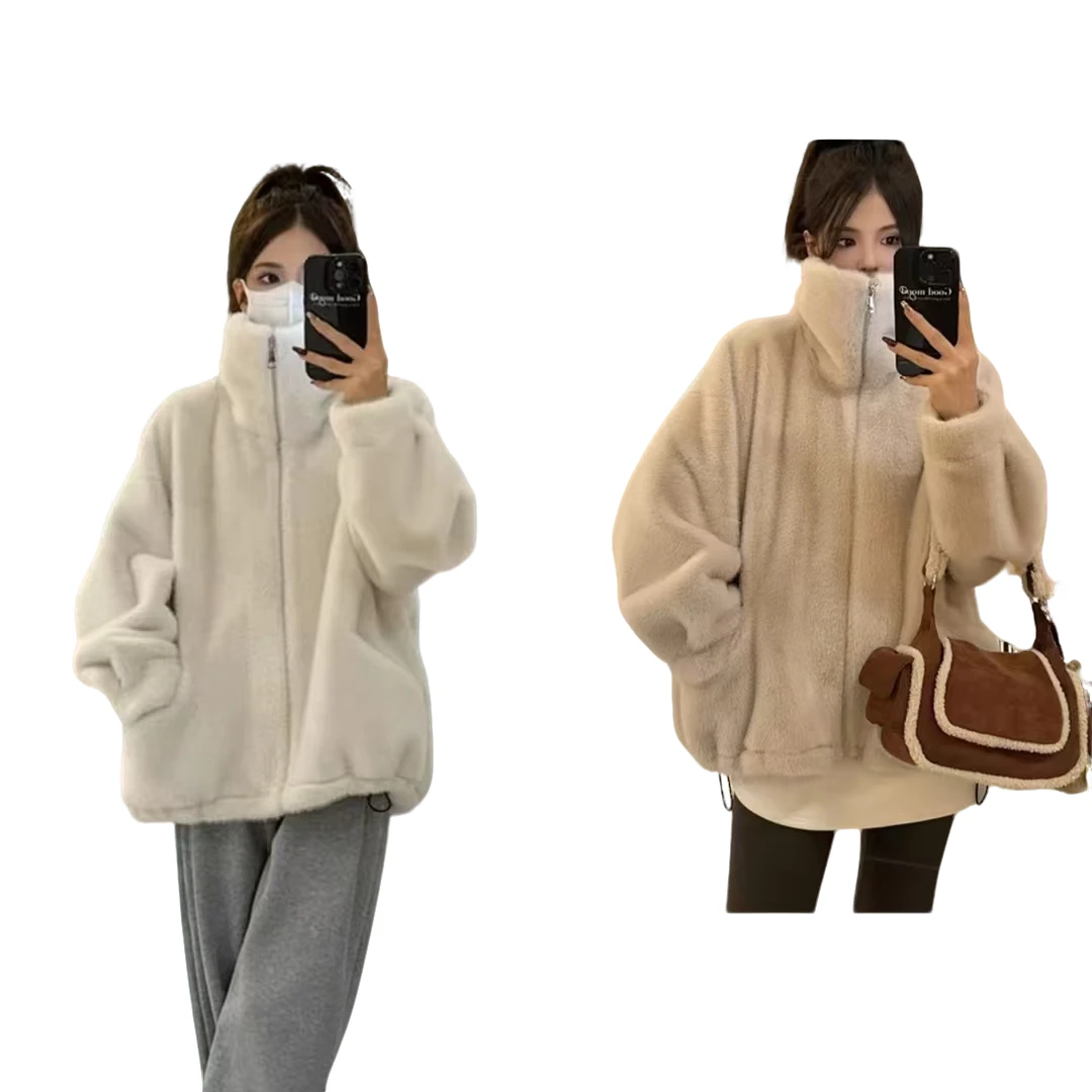 955秋冬女装慵懒风水貂绒外套立领连帽皮毛一体大衣