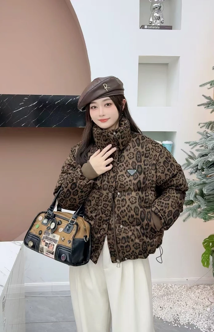 828格子立领棉服豹纹冬季加厚保暖小个子宽松面包服短款