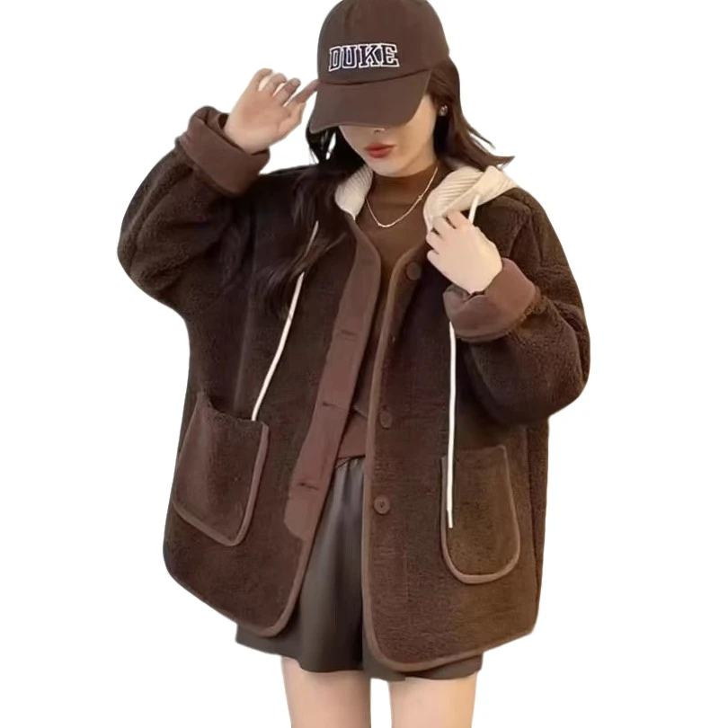 6351韩版宽松连帽加厚毛毛一体外套女冬季可拆卸大衣