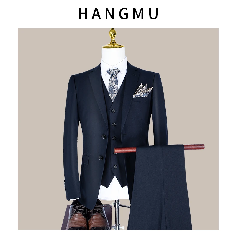 四季款婚礼西服套装修身结婚商务休闲男士三件套平驳领