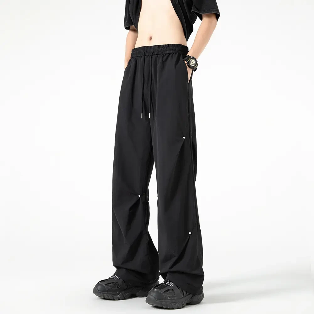 夏季宽松高街铆钉速干阔腿裤直筒显瘦潮流松紧百搭休闲裤薄款裤子