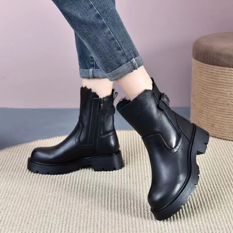 【281-66】女士真皮冬季新款短靴加绒加厚软底时尚百搭雪地靴女