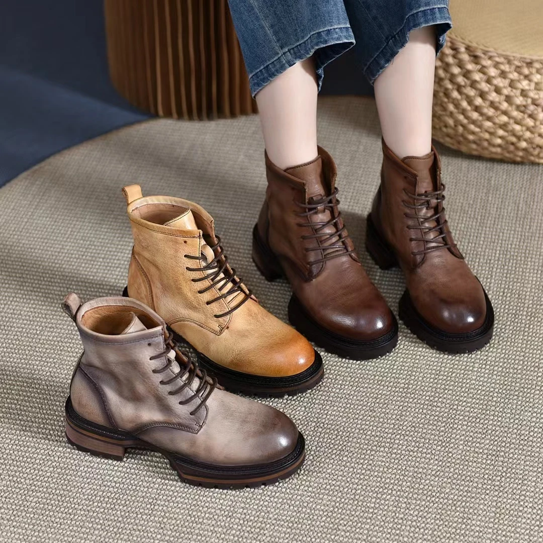 【51201】头层牛皮复古秋冬马丁靴女2024新款粗跟时尚百搭短靴女