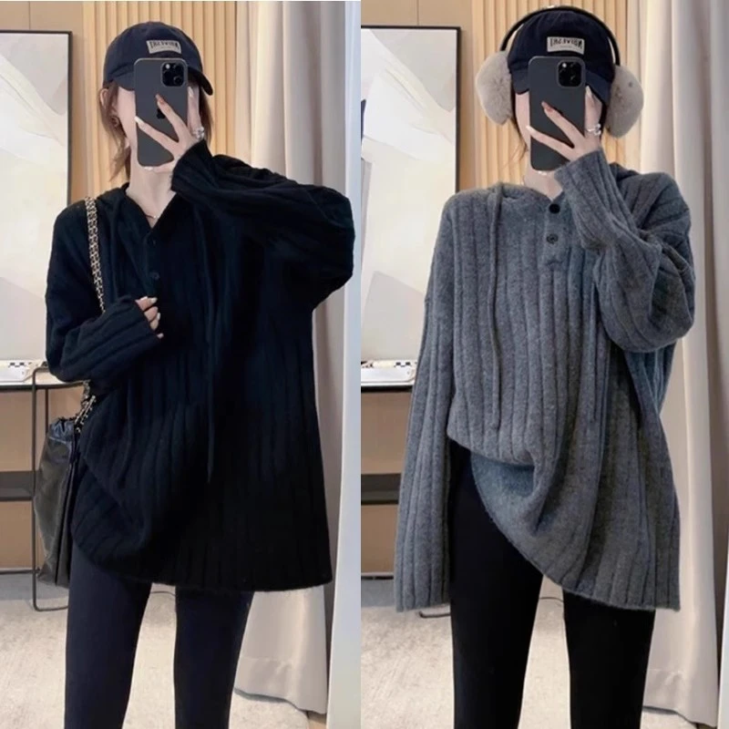 欧货连帽套头针织衫女秋冬新款慵懒宽松百搭毛衣内搭休闲加厚上衣