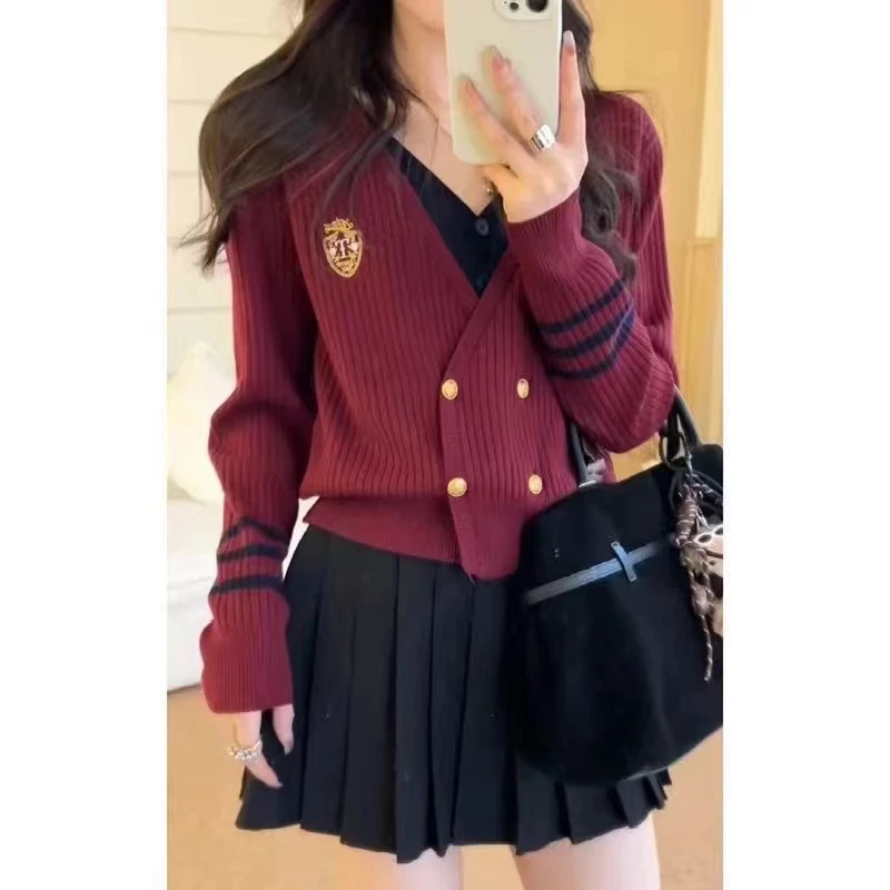 早秋韩版百搭学院风双排扣假两件针织衫2024减龄V领开衫外套女