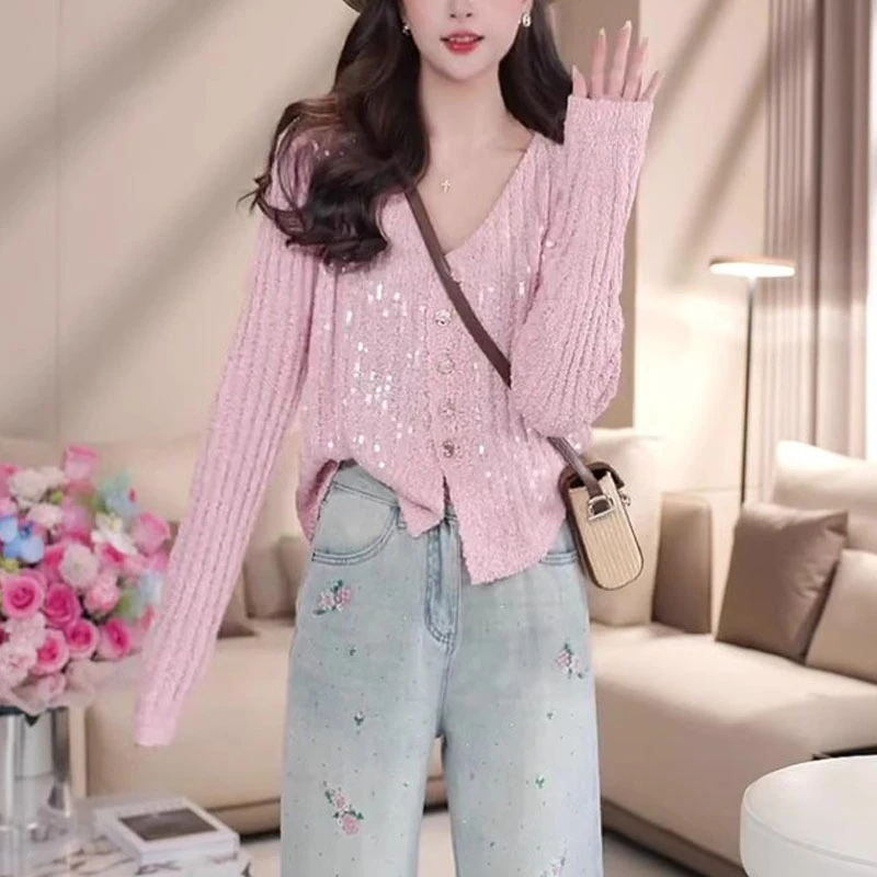 高级感亮片针织开衫洋气春夏新款V领时尚百搭小香风气质长袖上衣