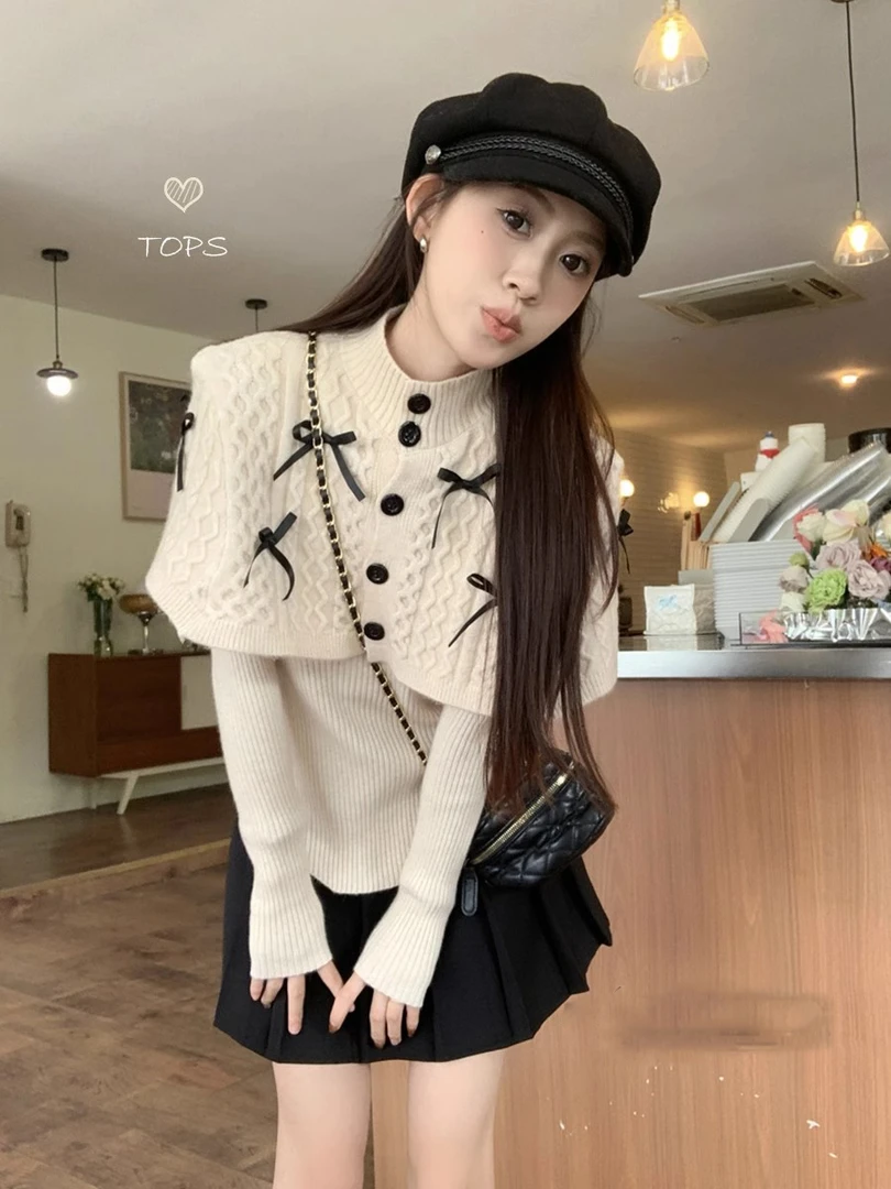 蝴蝶结针织衫小众叠穿披肩斗蓬上衣女冬季燕麦色修身别致独特毛衣